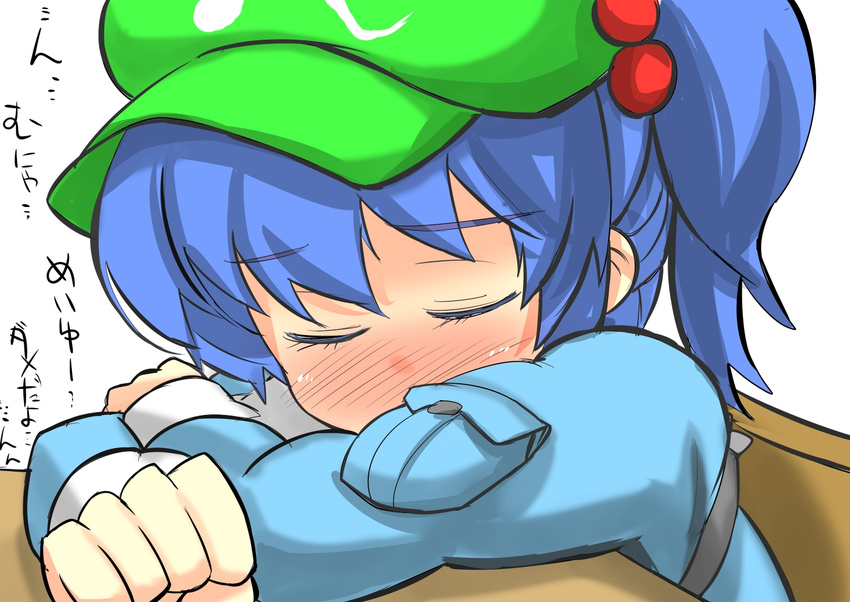 blue_dress blue_hair blush commentary_request desk dreaming dress female full-face_blush gaoo_(frpjx283) hair_bobbles hair_ornament hat kawashiro_nitori sleeping solo_focus touhou translated wet_dream