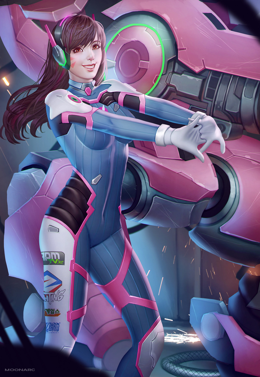 audia_pahlevi bodysuit brown_hair d.va_(overwatch) facial_mark facial_tattoo headphones highres long_hair looking_at_viewer md5_mismatch mecha meka_(overwatch) overwatch pilot_suit resized smile solo tattoo upscaled whisker_markings