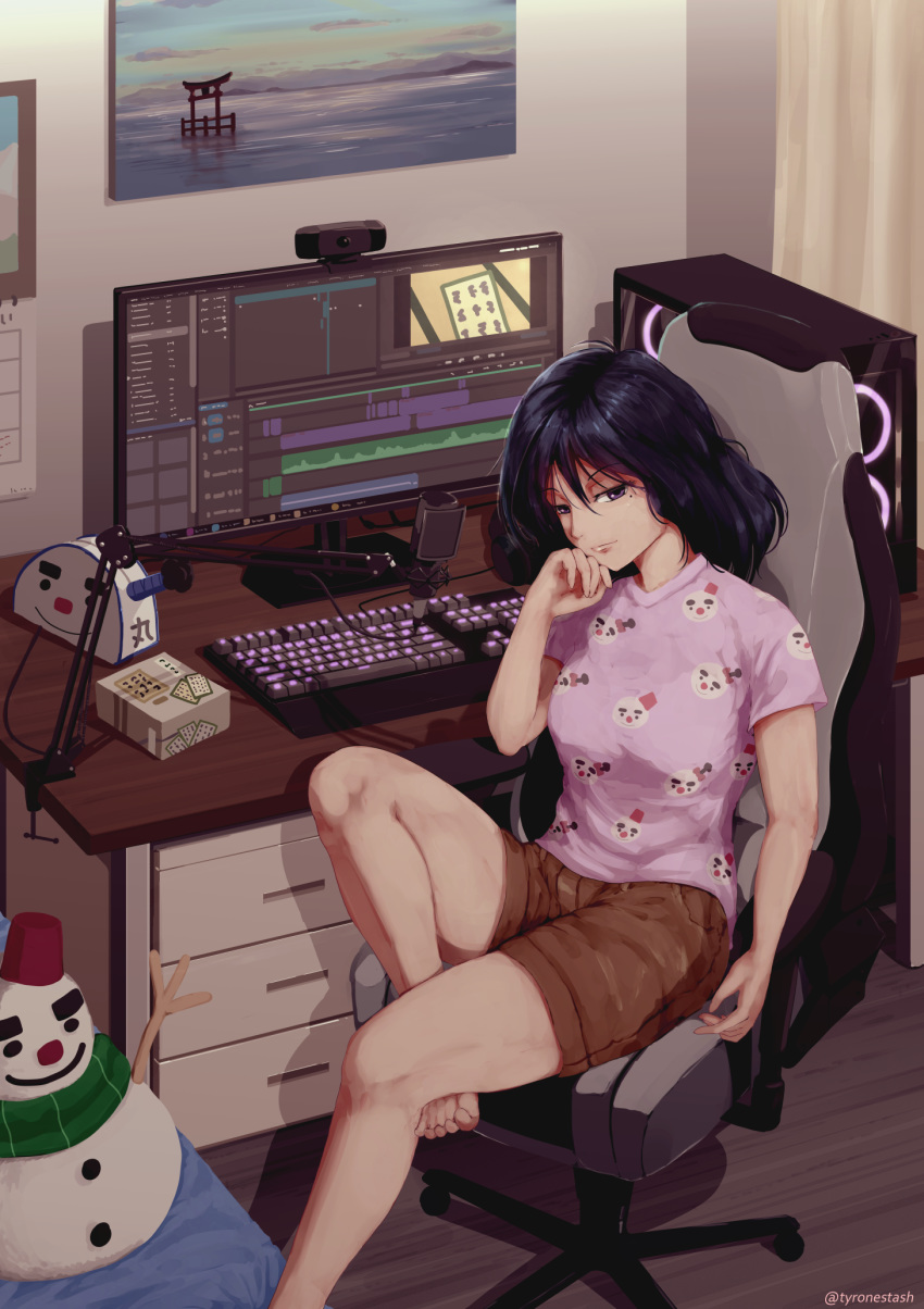 at_computer barefoot bedroom black_hair breasts casual chair chihayafuru commentary commission computer computer_keyboard computer_tower desk english_commentary female foot_out_of_frame gaming_chair head_rest highres indoors knee_up medium_breasts medium_hair microphone microphone_stand mole mole_under_eye monitor painting_(object) pink_shirt print_shirt purple_eyes shirt short_sleeves shorts sitting snowman snowmaru solo swivel_chair t-shirt twitter_username tyrone wakamiya_shinobu webcam