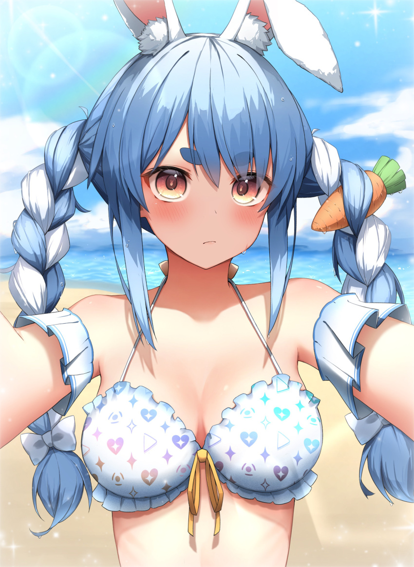 absurdres animal_ear_fluff animal_ears beach bikini blue_hair blush braid breasts brown_eyes carrot_hair_ornament closed_mouth day detached_sleeves female food-themed_hair_ornament frilled_bikini frills hair_ornament halterneck highres hololive hololive_summer_2022_swimsuit large_breasts long_hair looking_at_viewer multicolored_hair outdoors outstretched_arms pepushi_drow rabbit_ears rabbit_girl selfie short_eyebrows solo swimsuit thick_eyebrows twin_braids twintails two-tone_hair upper_body usada_pekora virtual_youtuber white_bikini white_hair