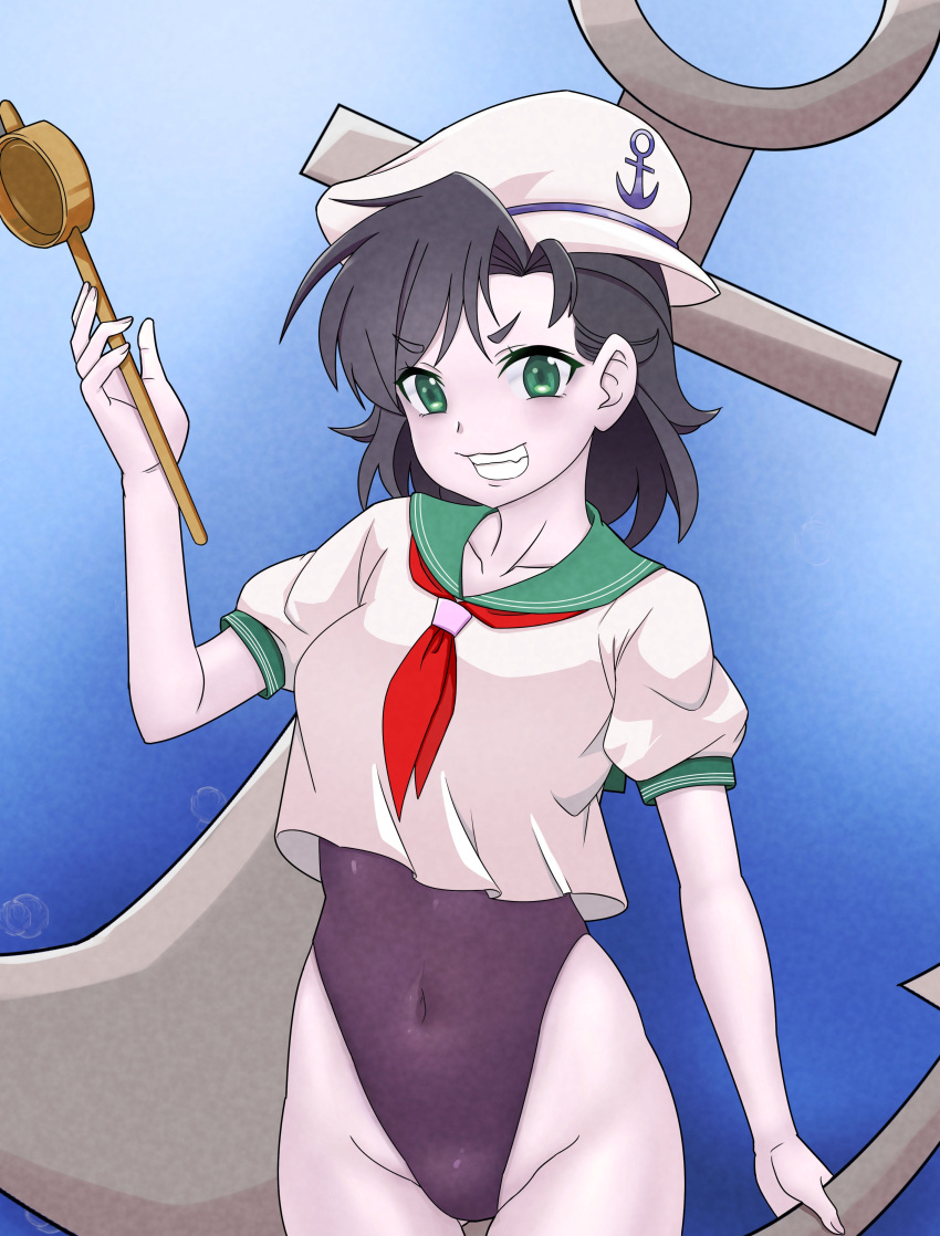 absurdres anchor anchor_symbol big_mouse black_hair black_leotard breasts covered_navel female green_eyes hat highres leotard leotard_under_clothes medium_breasts murasa_minamitsu neckerchief no_pants oerba_yun_fang pale_skin red_neckerchief sailor sailor_collar sailor_hat sailor_shirt shirt short_hair smile solo touhou v-shaped_eyebrows white_shirt