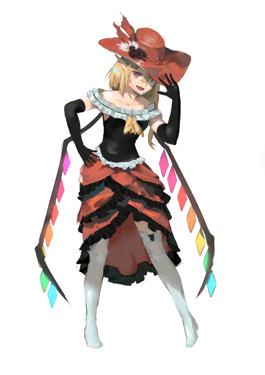 adapted_costume ascot bare_shoulders black_gloves boots cross crystal elbow_gloves female flandre_scarlet gloves hat high_heels highres inverted_cross medium_hair oerba_yun_fang one_side_up pointy_ears red_eyes red_hat showgirl_skirt simple_background sleeveless smile solo teasmacker thigh_boots thighhighs touhou white_background white_footwear wings yellow_ascot