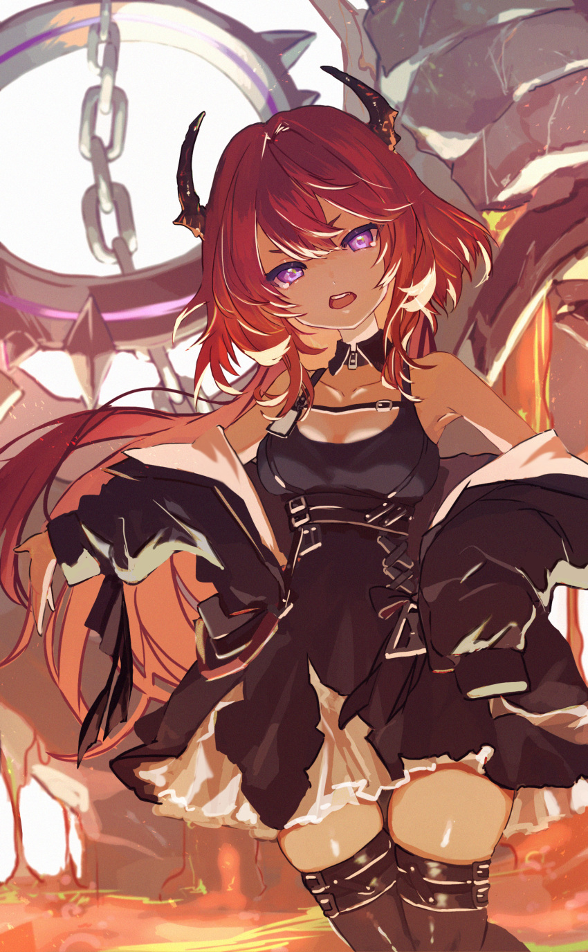 absurdres arknights bad_id bad_pixiv_id bare_shoulders belt belt_buckle black_belt black_coat black_collar black_dress black_thighhighs breasts buckle cleavage coat collar commentary cowboy_shot demon_girl demon_horns dress fa2_(etu831) female hair_between_eyes hands_on_own_hips highres horns lava long_hair looking_at_viewer medium_breasts monster off_shoulder open_clothes open_coat open_mouth purple_eyes red_hair solo spaghetti_strap surtr's_golem_(arknights) surtr_(arknights) teeth thighhighs upper_teeth_only v-shaped_eyebrows very_long_hair