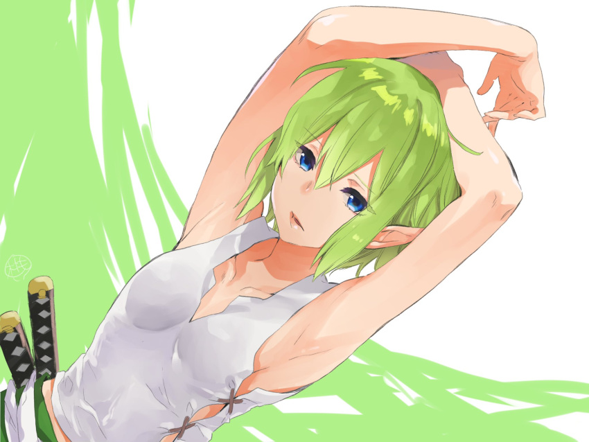 armpits arms_up bare_arms blue_eyes breasts collarbone dungeon_ni_deai_wo_motomeru_no_wa_machigatteiru_darou_ka elf female green_background green_hair hair_between_eyes highres momoyama_hinase open_mouth pointy_ears ryu_lion shirt short_hair sleeveless sleeveless_shirt small_breasts solo two-tone_background upper_body white_background white_shirt