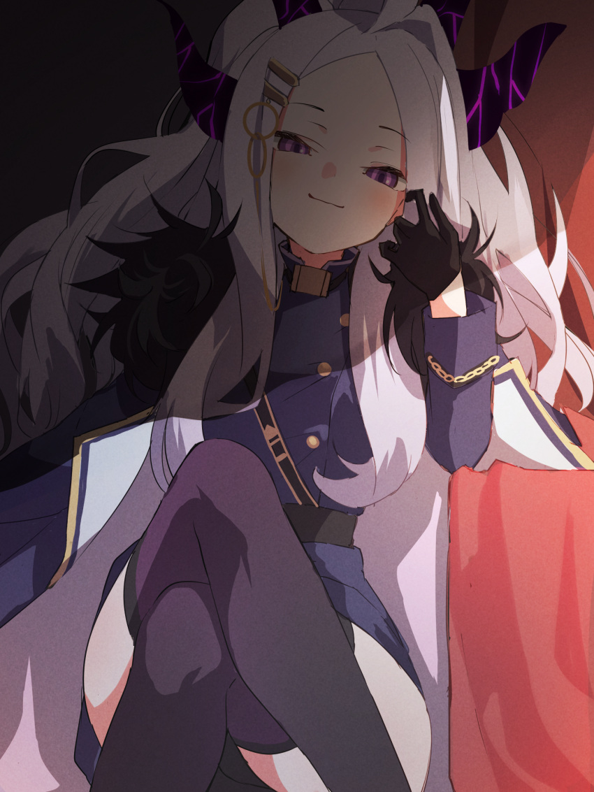 black_gloves black_thighhighs blue_archive blush buttons closed_mouth coat crossed_legs demon_horns feet_out_of_frame female forehead fur-trimmed_coat fur_trim gloves hair_ornament hairclip hand_up highres hina_(blue_archive) horns long_hair long_sleeves looking_at_viewer multiple_horns parted_bangs purple_coat purple_eyes shadow sitting smile solo thighhighs tsushi