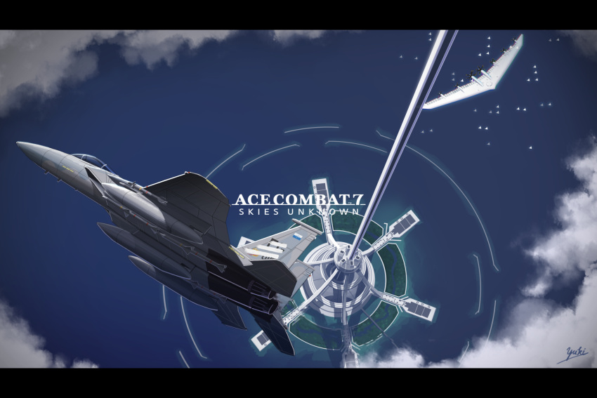 ace_combat ace_combat_7 aircraft airplane arsenal_bird bandai_namco building cloud copyright_name day drone f-15_eagle fighter_jet highres jet letterboxed logo military military_vehicle no_humans ocean outdoors shiro_yukimichi sin_lines space_elevator trigger_(ace_combat) uav vehicle_focus water