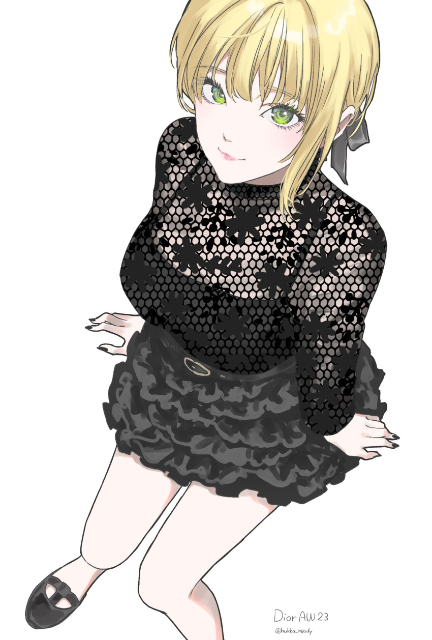 arm_support bare_legs black_shirt black_skirt blonde_hair blush breasts cleavage female fingerless_gloves fishnet_top fishnets foot_out_of_frame frilled_skirt frills gloves green_eyes highres hukka_(hukka_ready) idolmaster idolmaster_cinderella_girls invisible_chair looking_at_viewer medium_breasts miyamoto_frederica nail_polish parted_lips see-through see-through_cleavage see-through_shirt shirt short_hair simple_background single_sidelock sitting skirt smile solo twitter_username white_background