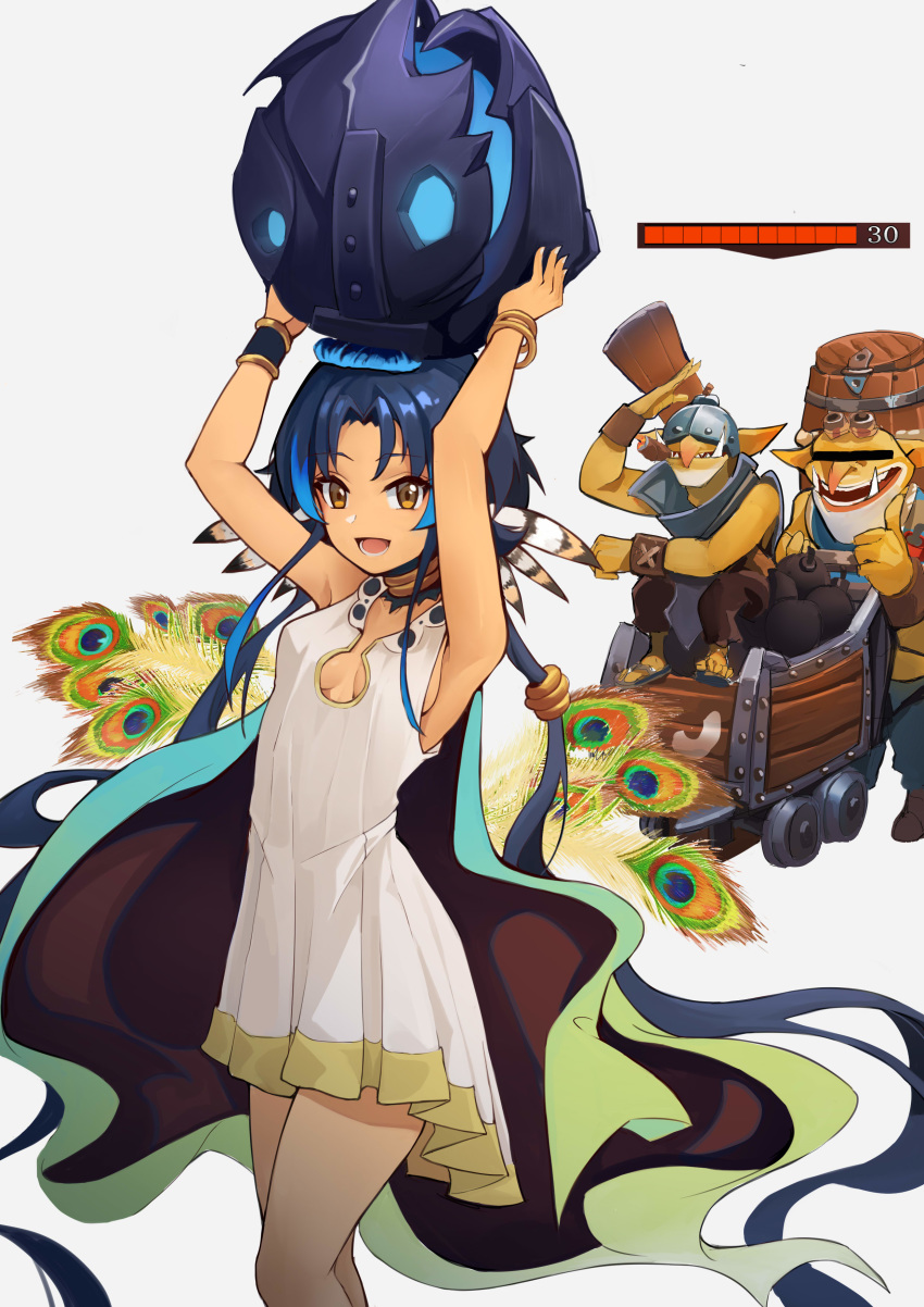 2boys :d absurdres arknights arms_up bangle bare_arms bare_shoulders blue_hair bomb bracelet breasts brown_eyes commentary conviction_(arknights) dota_(series) dota_2 dress explosive feather_hair feet_out_of_frame female genderswap_(otf) goblin_techies grey_background health_bar highres holding iku!_iku!! jewelry long_hair looking_at_viewer multiple_boys oerba_yun_fang open_mouth peacock_feathers pleated_dress rule_63 short_dress simple_background small_breasts smile standing thighs thumbs_up very_long_hair white_dress