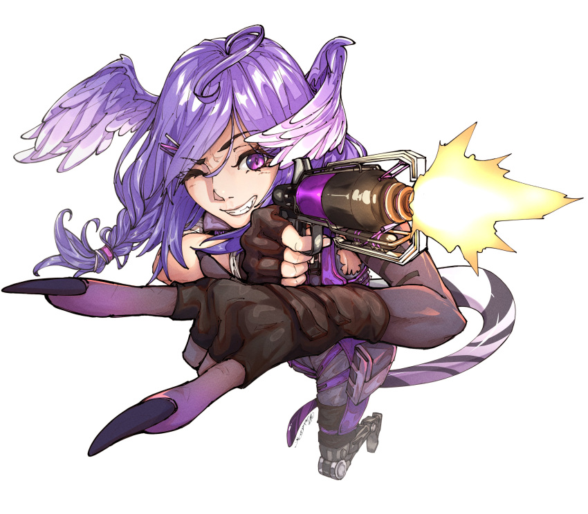 absurdres apex_legends b3_wingman black_gloves braid chuckuddin clip_studio_paint_(medium) cosplay english_commentary female fingerless_gloves firing gloves grey_shorts gun handgun head_wings highres holding holding_gun holding_weapon mechanical_legs nijisanji nijisanji_en octane_(apex_legends) octane_(apex_legends)_(cosplay) oerba_yun_fang one_eye_closed purple_eyes purple_hair revolver running selen_tatsuki selen_tatsuki_(1st_costume) shorts smile solo tail twin_braids virtual_youtuber weapon wings