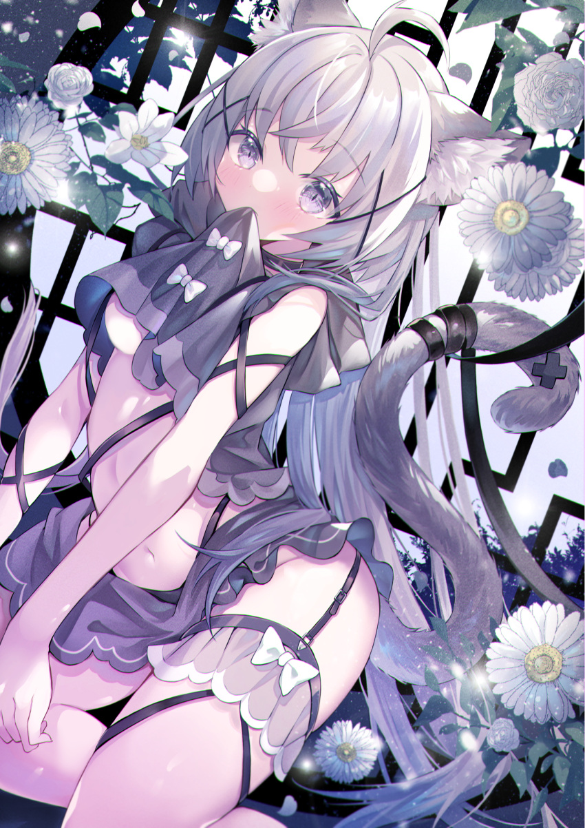 07touka25 ahoge animal_ear_fluff animal_ears black_ribbon blush bow breasts cat_ears cat_girl cat_tail chromatic_aberration closed_mouth clothes_in_mouth clothes_lift commission feet_out_of_frame female floral_background flower frilled_skirt frilled_underwear frills grey_eyes highres leaf lingerie long_hair looking_at_viewer medium_breasts miniskirt navel original purple_shirt purple_skirt ribbon shirt skirt stomach tail tail_ornament tail_ribbon underboob underwear white_bow white_hair