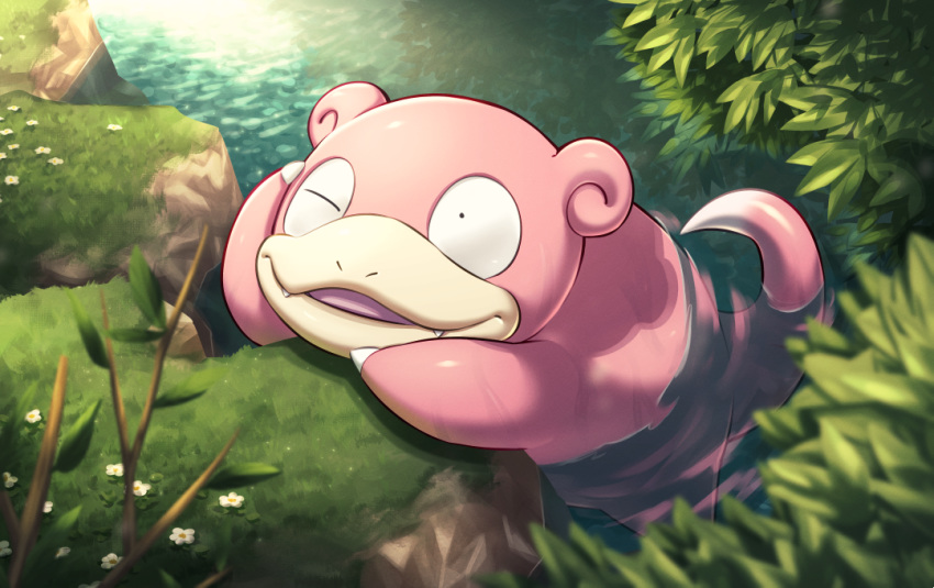 2019 ambiguous_gender detailed_background digital_media_(artwork) flower generation_1_pokemon gossan grass nintendo open_mouth partially_submerged plant pokemon pokemon_(species) slowpoke solo water