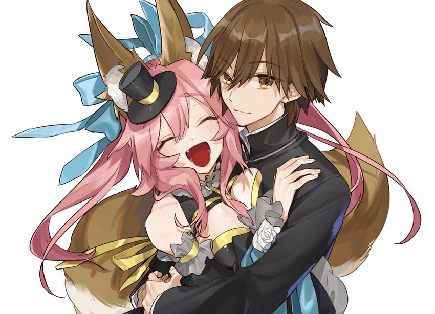 1boy :d animal_ear_fluff animal_ears bare_shoulders black_headwear black_shirt blue_ribbon breasts brown_eyes brown_hair eyelashes fate/extra fate/extra_ccc fate_(series) female fox_ears fox_girl fox_tail hair_between_eyes hat hino_hinako hug kishinami_hakuno_(male) large_breasts light_smile long_hair long_sleeves looking_at_viewer oerba_yun_fang open_mouth pink_hair ribbon shirt sidelocks smile split_ponytail tail tamamo_(fate) tamamo_no_mae_(fate/extra) tamamo_no_mae_(sable_mage)_(fate) teeth tsukumihara_academy_uniform_(fate/extra_ccc) white_background yellow_ribbon