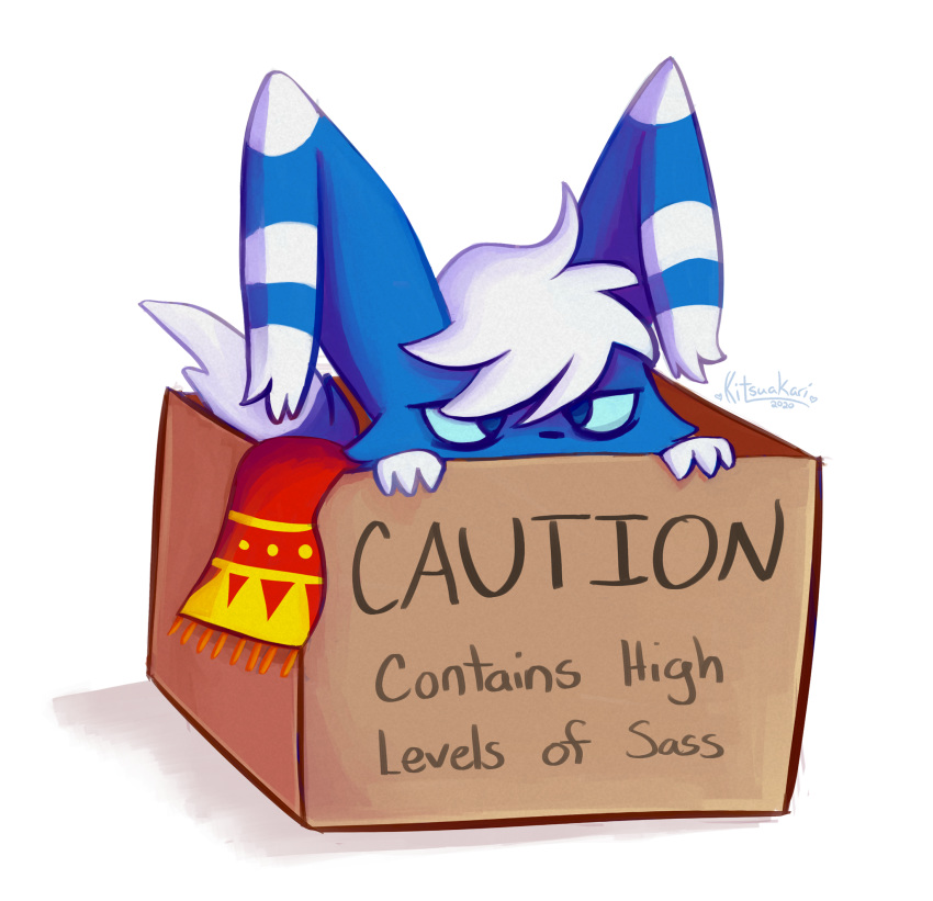 2020 ambiguous_gender blue_body blue_eyes blue_fur box container dogshaming domestic_cat english_text fan_character felid feline felis fur generation_6_pokemon hi_res humor kitsuakari mammal meme meowstic nintendo pokemon pokemon_(species) reaction_image scarf shaded simple_background solo text white_background