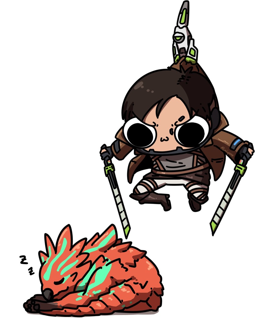 1boy annoyed apex_legends belt biwon_blade black_hair brown_belt brown_footwear brown_jacket chibi crypto_(apex_legends) english_commentary grey_shirt hack_(apex_legends) highres holding holding_sword holding_weapon jacket lifting_person male_focus miyan_(oceanmaiden) pants paradis_military_uniform parody prowler_(titanfall) shingeki_no_kyojin shirt sleeping sword v-shaped_eyebrows weapon white_pants