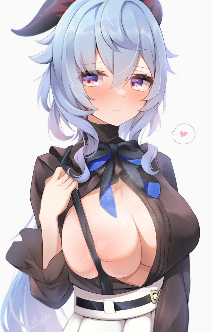 black_bow black_shirt blue_hair blush bow breasts embarrassed female frilled_shirt frilled_sleeves frills full-face_blush ganyu_(china_merchants_bank)_(genshin_impact) ganyu_(genshin_impact) genshin_impact heart high-waist_skirt highres horns large_breasts light_areolae long_hair long_sleeves looking_at_viewer official_alternate_costume purple_eyes shirt shirt_tucked_in sidelocks skirt solo spoken_heart turtleneck upper_body white_background xlyami