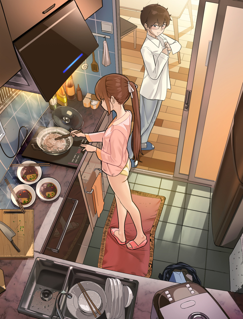 1boy ass blush bowl brown_hair chair chinese_commentary chopsticks commentary cooking door female food from_above frying_pan hair_ribbon highres holding holding_chopsticks indoors kitchen knife light_rays long_hair lu_(yewang19) md5_mismatch original panties pink_shirt plate ponytail refrigerator ribbon rice_cooker shelf shirt short_hair sink steam sweat table tile_floor tiles underwear water white_ribbon white_shirt wooden_floor yewang19 yu_xuan_(yewang19)