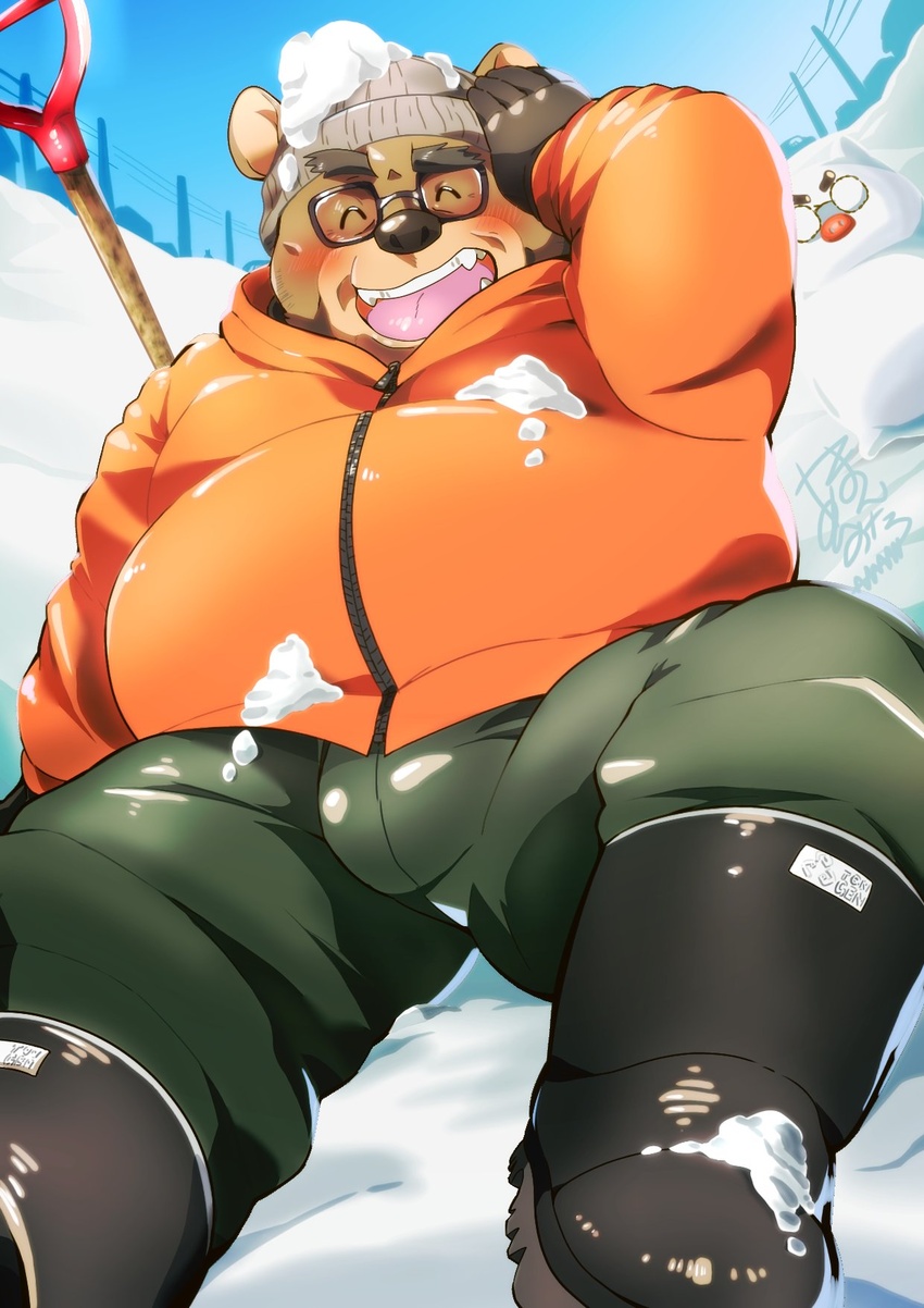 2021 anthro bear belly bottomwear brown_body brown_fur bulge bumomomoboa closed_eyes clothing eyewear fur glasses hat headgear headwear hi_res kemono male mammal outside overweight overweight_anthro overweight_male pants sitting snow snowman solo sweater topwear