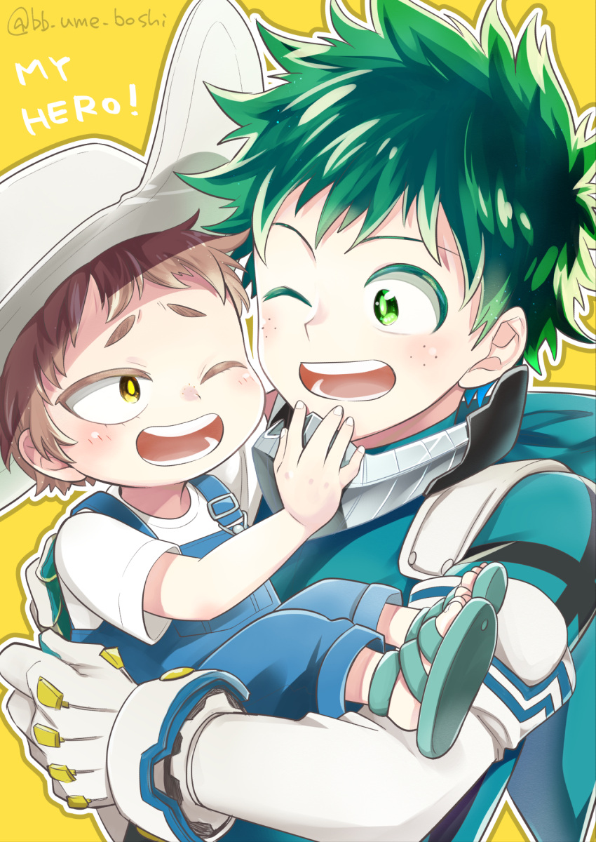 2boys blush bodysuit boku_no_hero_academia brown_hair english_text freckles gloves green_bodysuit green_eyes green_hair hat highres holding_person light_brown_hair lolicon looking_at_another male_focus mask midoriya_izuku multiple_boys one_eye_closed open_mouth outline overalls sandals shimano_katsuma short_hair simple_background smile twitter_username ume_(326310) unworn_mask upper_body white_gloves white_outline yellow_background yellow_eyes