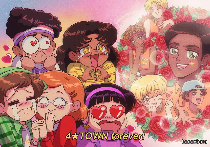 1990s_(style) 4girls 6+boys abby_(turning_red) animification black_hair brown_hair crying dark-skinned_female dark-skinned_male dark_skin fake_screenshot flower glasses hanavbara heart heart-shaped_eyes heart_hands holding_hands itou_ikuko_(style) meilin_lee miriam_(turning_red) multiple_boys multiple_girls parody priya_(turning_red) red_hair retro_artstyle rose style_parody subtitled turning_red tyler_(turning_red)