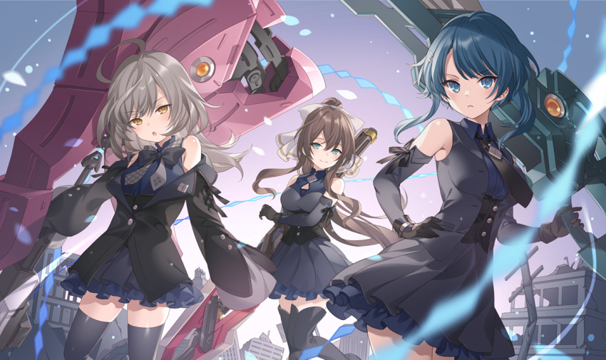 >:( 3girls ahoge aizawa_kazuha aqua_eyes arm_at_side arm_under_breasts assault_lily bare_shoulders black_bow black_bowtie black_gloves black_jacket black_legwear black_necktie blue_eyes blue_hair blue_shirt blurry blurry_foreground bow bowtie breasts brown_hair building buttons closed_mouth collared_shirt commentary_request corset detached_sleeves dress frilled_skirt frills gloves grey_bow grey_bowtie grey_dress grey_hair grey_jacket grey_skirt grey_sleeves hair_between_eyes hair_ornament hairbow hairclip hand_on_own_hip hand_up high_ponytail holding holding_weapon jacket layered_skirt leg_up light_particles long_hair long_sleeves looking_at_viewer medium_breasts medium_hair miniskirt multiple_girls necktie off_shoulder official_alternate_costume open_clothes open_jacket outdoors outstretched_arm over_shoulder parted_lips partially_unbuttoned pleated_dress pleated_skirt ponytail rie_(reverie) rubble ruins sasaki_ran second-party_source serizawa_chikaru shirt short_dress sidelocks skirt sleeveless sleeveless_jacket sleeveless_shirt sleeves_past_fingers sleeves_past_wrists smile standing standing_on_one_leg thighhighs underbust utility_pole v-shaped_eyebrows weapon weapon_over_shoulder white_bow yellow_eyes zettai_ryouiki