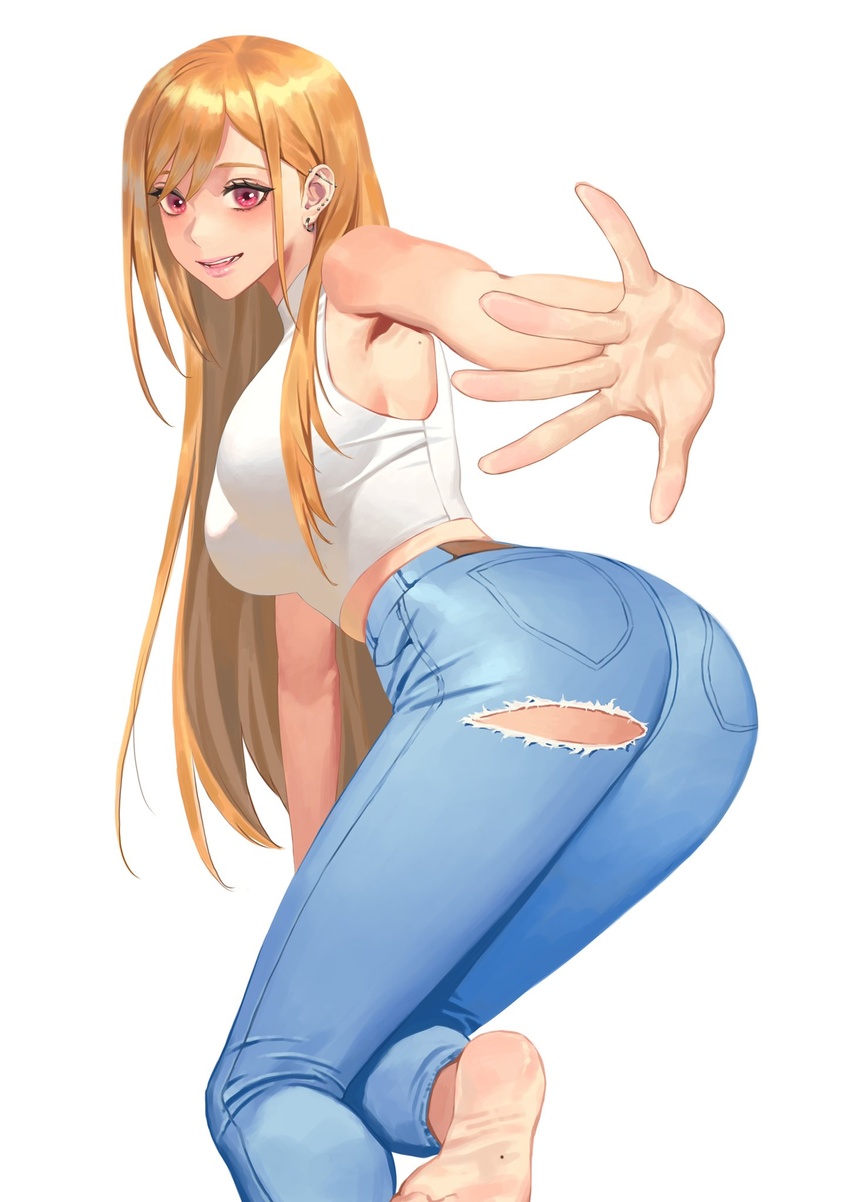 alternate_costume ass barbell_piercing barefoot blonde_hair breasts commentary denim ear_piercing earrings gradient_hair halterneck highres hongcasso jeans jewelry kitagawa_marin long_hair medium_breasts multicolored_hair pants piercing red_eyes red_hair sono_bisque_doll_wa_koi_wo_suru swept_bangs torn_clothes