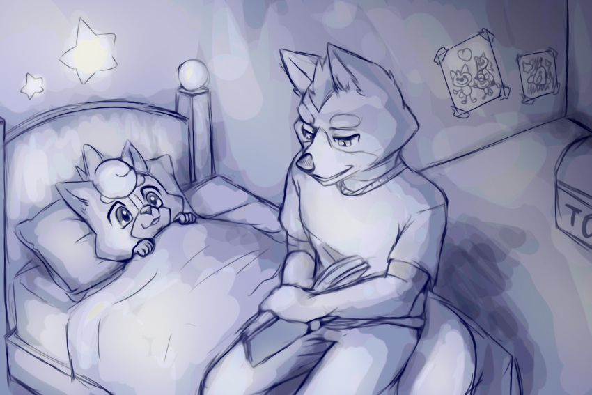 2020 3:2 anthro bed bedroom bedtime_story black_nose book canid canine daww domestic_scene duo father_(lore) father_and_child_(lore) father_and_son_(lore) fox fox_mccloud furniture hair hi_res kokoro-tokoro male mammal marcus_mccloud nintendo parent_(lore) parent_and_child_(lore) parent_and_son_(lore) pillow smile son_(lore) star_fox young