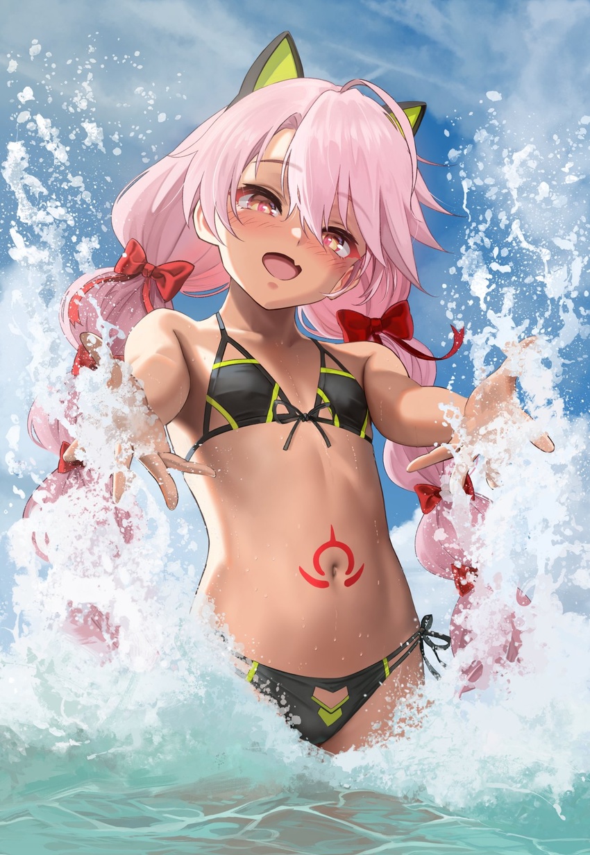 animal_ears bare_shoulders bikini black_bikini blue_sky blush braid cat_ears chloe_von_einzbern chloe_von_einzbern_(swimsuit_avenger) chloe_von_einzbern_(swimsuit_avenger)_(second_ascension) collarbone dark-skinned_female dark_skin fake_animal_ears fate/grand_order fate_(series) female flat_chest green_bikini hair_between_eyes hair_ribbon hairband highres long_hair looking_at_viewer low_twin_braids navel ocean open_mouth orange_eyes pink_hair ribbon sky smile solo splashing stomach_tattoo swimsuit tattoo twin_braids two-tone_bikini wading yamaneko_(tkdrumsco)