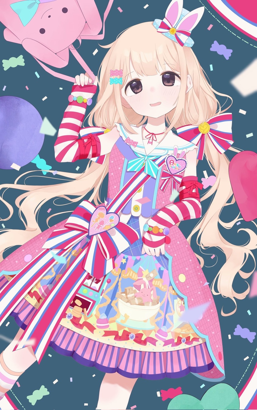 animal_bag arm_ribbon bag blonde_hair blush bow candy_hair_ornament candy_print cowboy_shot dress dutch_angle female food-themed_hair_ornament futaba_anzu hair_ornament hairbow highres holding holding_bag idolmaster idolmaster_cinderella_girls idolmaster_cinderella_girls_starlight_stage light_smile looking_at_viewer name_tag neck_ribbon print_dress rabbit_bag red_ribbon ribbon sash sleeveless sleeveless_dress solo tsuchi_(sh_spica1) twintails