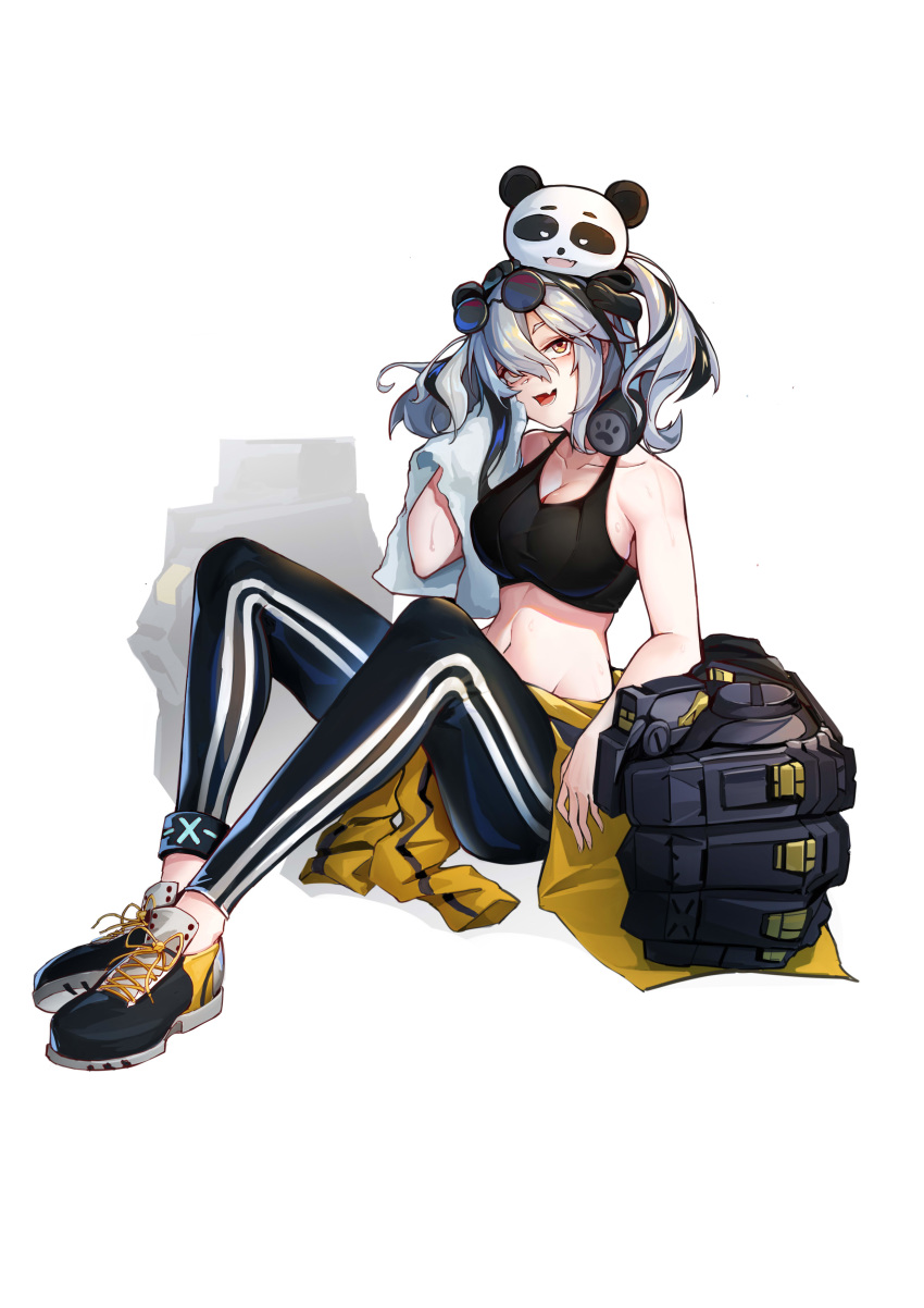 :d absurdres alternate_costume animal_on_head arknights bare_arms bare_shoulders black_footwear black_hair black_pants black_sports_bra breasts brown_eyes chinese_commentary cleavage clothes_around_waist collarbone commentary_request crop_top eyewear_on_head feater_(arknights) feater_(dojo_star)_(arknights) female full_body grey_hair groin hair_over_one_eye hand_up head_tilt highres holding holding_towel iku!_iku!! jacket jacket_around_waist large_breasts leggings long_hair looking_up midriff multicolored_hair navel oerba_yun_fang official_alternate_costume on_head open_mouth panda pants shoes simple_background sitting smile sneakers sports_bra stomach streaked_hair sunglasses towel twintails white_background yellow_jacket