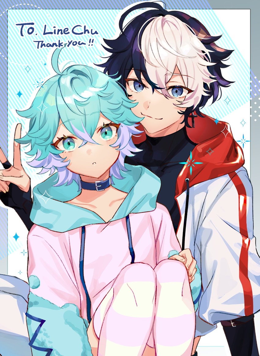 2boys androgynous black_hair blue_eyes blue_hair collar fingerless_gloves gloves highres hood hood_down hoodie indie_virtual_youtuber jewelry linechu looking_at_viewer male_focus messy_hair miz_(mi) multicolored_hair multiple_boys otoko_no_ko ring second-party_source short_hair skylar_edm thighhighs virtual_youtuber wavy_hair white_hair yaoi