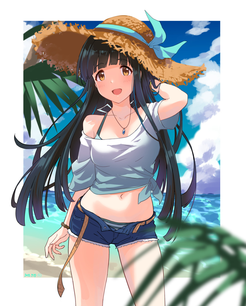 arm_behind_head beach belt bikini bikini_under_clothes black_hair blue_shorts blue_sky blurry blurry_foreground blush bracelet breasts brown_belt brown_hat check_commentary cloud collarbone commentary_request cowboy_shot crop_top damokan66 denim denim_shorts female green_bikini halterneck hat highres idolmaster idolmaster_million_live! idolmaster_million_live!_theater_days jewelry kitakami_reika long_hair looking_at_viewer midriff navel necklace ocean off-shoulder_shirt off_shoulder open_fly open_mouth outdoors plant ribbed_hat shirt short_shorts short_sleeves shorts sky smile solo straw_hat striped_bikini striped_clothes swimsuit thighs white_shirt yellow_eyes