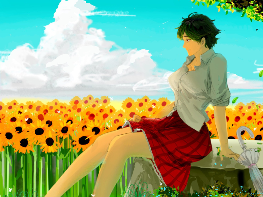 closed_umbrella collared_shirt female field flower flower_field frilled_skirt frills garden_of_the_sun green_hair highres howah18 kazami_yuuka outdoors parasol plaid plaid_skirt red_eyes red_skirt shirt short_hair sitting skirt sleeves_rolled_up smile solo sunflower sunflower_field touhou tree umbrella white_shirt