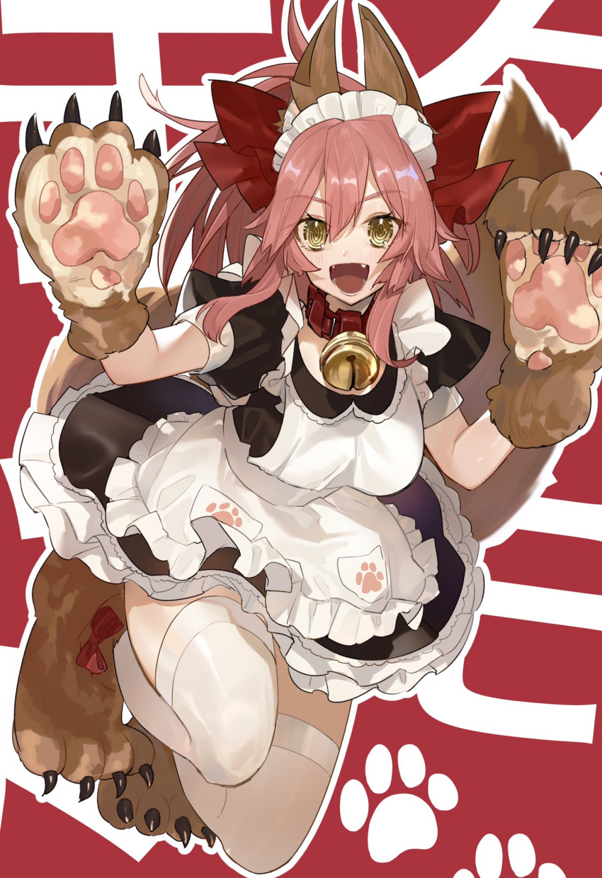 :d @_@ animal_collar animal_ear_fluff animal_ears animal_feet animal_hands apron bell bow breasts claws collar commentary eyelashes fate/grand_order fate_(series) female fox_ears fox_girl fox_tail gloves hair_between_eyes hairbow highres hino_hinako jingle_bell large_breasts long_hair looking_at_viewer maid_apron maid_headdress neck_bell oerba_yun_fang open_mouth paw_gloves paw_print paw_shoes ponytail red_bow red_collar short_sleeves sidelocks smile solo symbol-only_commentary tail tamamo_(fate) tamamo_cat_(fate) tamamo_cat_(second_ascension)_(fate) teeth thighhighs tongue white_thighhighs yellow_eyes zettai_ryouiki