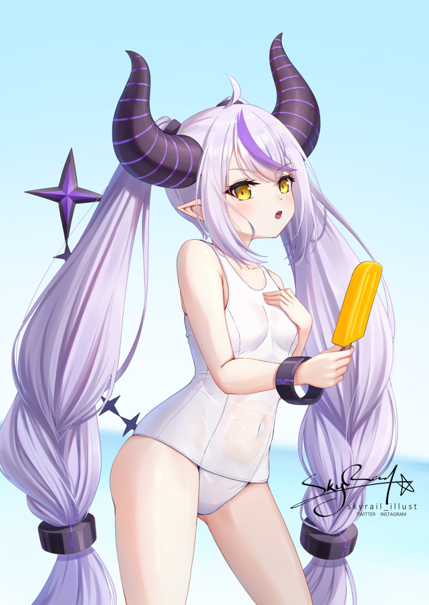 ass_visible_through_thighs breasts covered_navel demon_girl demon_horns female food hand_on_own_chest highres hololive horns la+_darknesss long_hair multicolored_hair one-piece_swimsuit open_mouth pointy_ears popsicle purple_hair school_swimsuit skyrail small_breasts solo streaked_hair swimsuit thighs very_long_hair virtual_youtuber white_one-piece_swimsuit yellow_eyes