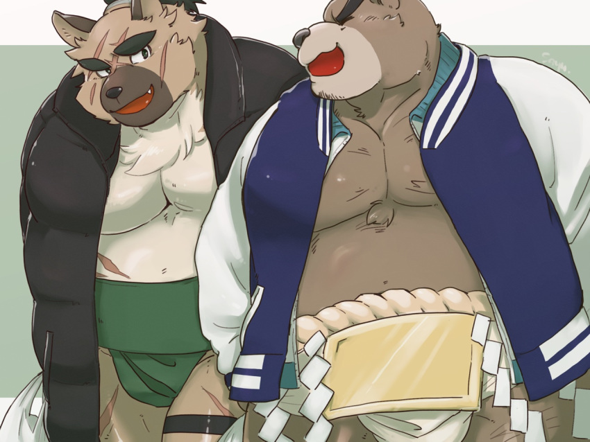 2021 4:3 anthro ashigara_(tas) bear belly black_nose brown_body brown_fur canid canine canis cddi_h closed_eyes clothing domestic_dog duo fur kemono lifewonders male mammal moobs overweight overweight_male scar sumo sweater tokyo_afterschool_summoners topwear yasuyori_(tas)