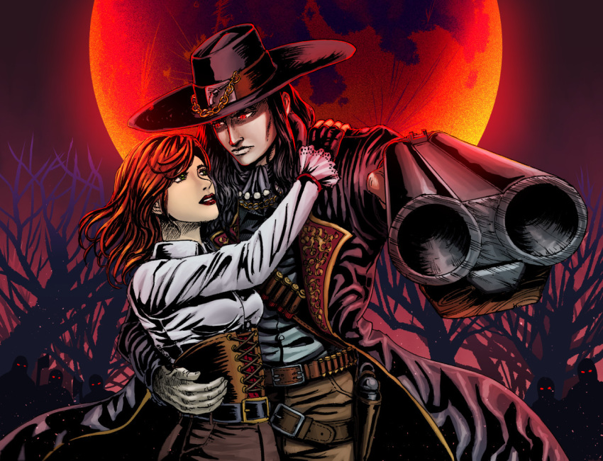 1boy arm_around_waist axe axe_zombie_(blood) belt belt_buckle black_coat black_hair blood_(game) blood_2 breasts brown_pants buckle bullet caleb_(blood) coat commission corset couple cowboy cowboy_western double_barrels female forest green_eyes gun handgun holster long_coat long_hair medium_breasts monster moon nature ophelia_price pants red_eyes red_hair red_moon revolver shadow shirt shotgun shotgun_shell straight substance20 weapon white_shirt zombie