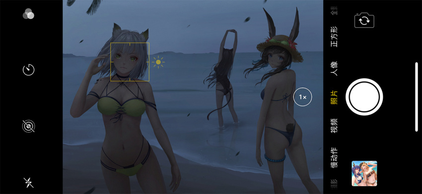 3girls amiya_(arknights) animal_ears arknights arms_up ass bare_arms bare_shoulders beach bikini black_bikini black_one-piece_swimsuit blue_eyes blue_shorts brown_hair cat_ears cat_tail ch'en_(arknights) chinese_text commentary cowboy_shot ears_through_headwear facial_recognition fake_phone_screenshot fake_screenshot feet_out_of_frame flip-flops flower from_behind goggles goggles_on_headwear green_bikini green_eyes grey_hair hand_up hat hat_flower jay_xu kal'tsit_(arknights) long_hair looking_at_viewer looking_back material_growth md5_mismatch multi-strapped_panties multiple_girls navel night night_sky ocean official_alternate_costume one-piece_swimsuit oripathy_lesion_(arknights) rabbit_ears red_flower resolution_mismatch sandals short_hair short_shorts shorts sky skyfire_(arknights) skyfire_(temperature_difference)_(arknights) smile source_larger standing stomach stretching sun_hat swimsuit swire_(arknights) tail thighlet thighs translation_request wading water