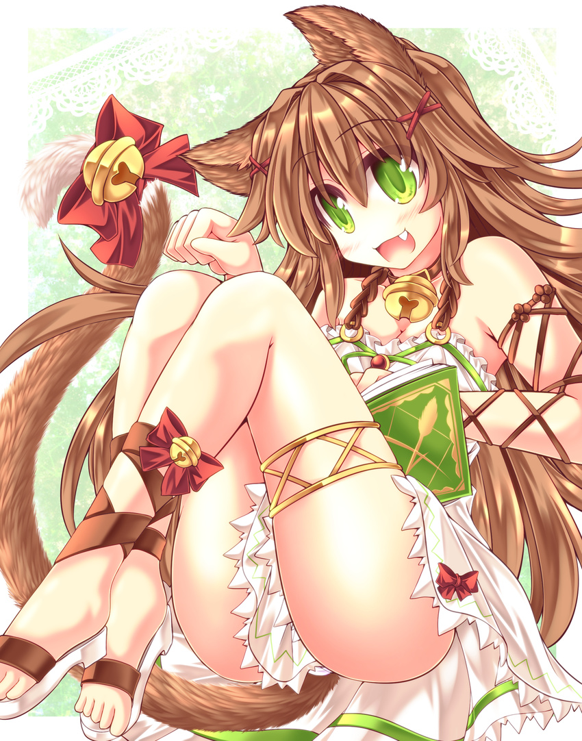 :d absurdres animal_ears bell book bow brown_hair cat_ears cat_tail commentary_request enokorogusa_(flower_knight_girl) female flower_knight_girl green_background green_eyes hair_ornament highres jingle_bell long_hair looking_at_viewer mumumu oerba_yun_fang open_mouth paw_pose red_bow sandals skirt smile solo strappy_heels tail tail_bow tail_ornament white_skirt x_hair_ornament