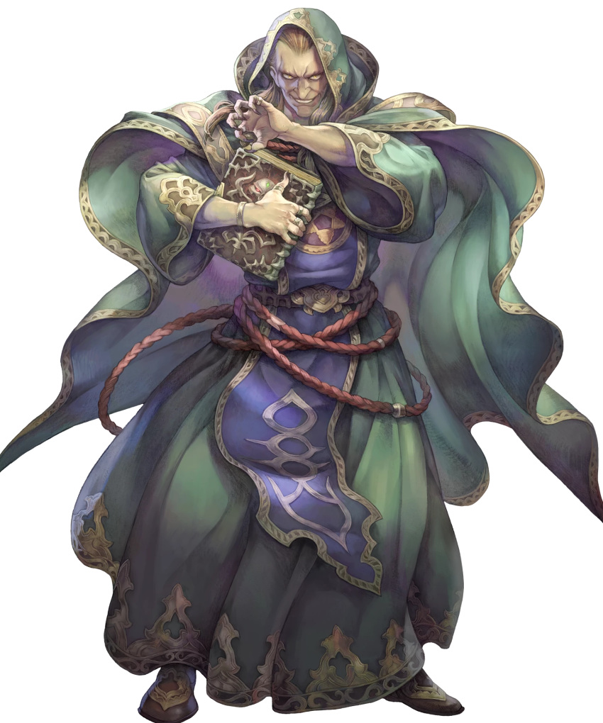 1boy belt book boots bracelet brown_hair cape fire_emblem fire_emblem:_mystery_of_the_emblem fire_emblem_heroes full_body gharnef haccan highres hood jewelry long_hair male_focus nail_polish official_art ring solo teeth transparent_background yellow_eyes