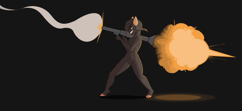 2019 absurd_res anthro biped bovid breasts caprine claws digital_drawing_(artwork) digital_media_(artwork) explosion eyebrows eyelashes female full-length_portrait fur goat hair hi_res holding_object holding_weapon horn mammal plushkinn portrait ranged_weapon rocket_launcher shooting simple_background smile smoke solo standing teeth weapon weapon_on_shoulder