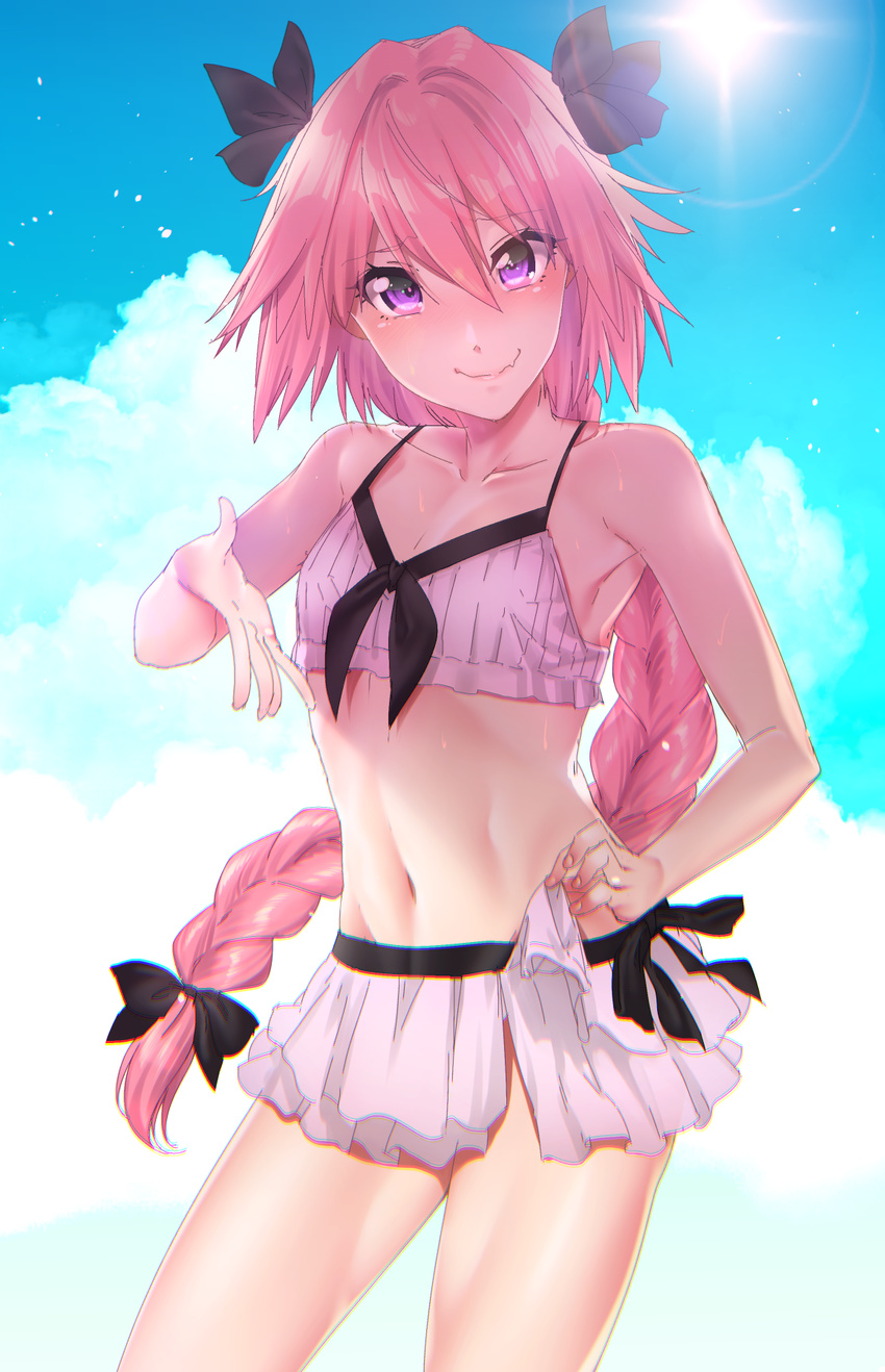 1boy astolfo_(fate) black_bow blush bow braid closed_mouth commentary_request fate/apocrypha fate/grand_order fate_(series) hairbow highres hisayaki_kyuu long_hair looking_at_viewer male_focus navel official_alternate_costume otoko_no_ko pink_hair smile solo