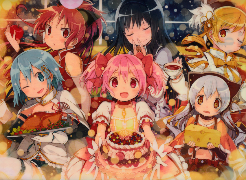 6+girls :d ;) ;d absurdres akemi_homura akemi_homura_(magical_girl) apple berry black_hair black_ribbon black_thighhighs bleed_through blonde_hair blue_eyes blue_hair bow bowtie buckle cake cape capelet cheese choker closed_eyes cranberry cup detached_sleeves doily dress drill_hair drooling fingerless_gloves flower food fortissimo frilled_dress frills fruit gloves grey_hair hair_ornament hair_ribbon hairband hairbow hairclip hairpin hanokage hat high_collar highres icing kaname_madoka kaname_madoka_(magical_girl) light_particles long_hair long_sleeves looking_at_viewer macaron magical_girl mahou_shoujo_madoka_magica mahou_shoujo_madoka_magica:_hangyaku_no_monogatari miki_sayaka miki_sayaka_(magical_girl) momoe_nagisa momoe_nagisa_(magical_girl) multiple_girls musical_note musical_note_hair_ornament nut_(food) official_art one_eye_closed open_mouth outstretched_arms pantyhose pastry photoshop_(medium) pink_eyes pink_hair plate polka_dot polka_dot_legwear ponytail red_bow red_eyes red_hair red_ribbon ribbon rose sakura_kyoko sakura_kyoko_(magical_girl) scan scan_artifacts short_hair short_twintails sleeveless smile star-shaped_pupils star_(symbol) strawberry striped suspenders symbol-shaped_pupils tea teacup thigh_strap thighhighs tomoe_mami tomoe_mami_(magical_girl) tray turkey_(food) twin_drills twintails two_side_up vertical_stripes walnut white_gloves white_legwear window yellow_bow yellow_bowtie yellow_eyes