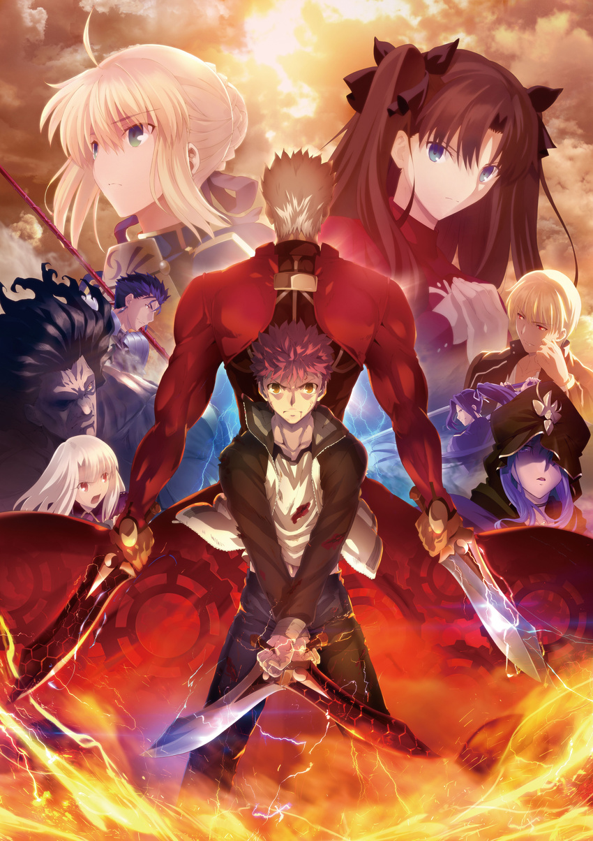 4girls 6+boys absurdres ahoge archer_(fate) armor artoria_pendragon_(fate) back-to-back black_hair blonde_hair blood blue_eyes blue_hair broad_shoulders brown_eyes brown_hair choker cloud collarbone commentary_request crossed_swords cu_chulainn_(fate) cu_chulainn_(fate/stay_night) cuts dark-skinned_male dark_skin denim dual_wielding earrings electricity emiya_shirou fate/stay_night fate/unlimited_blade_works fate_(series) fire frown gae_bolg_(fate) gears gilgamesh_(fate) green_eyes hair_ribbon height_difference heracles_(fate) highres holding honeycomb_(pattern) hood illyasviel_von_einzbern injury jacket japanese_clothes jeans jewelry kanshou_&_bakuya_(fate) lipstick long_hair long_sleeves makeup medea_(fate) monohoshizao multiple_boys multiple_girls muscular official_art ootachi open_mouth orange_hair pants parted_lips polearm ponytail projected_inset puffy_sleeves purple_eyes purple_hair red_eyes ribbon saber_(fate) sasaki_kojirou_(fate) shaded_face short_hair shoulder_pads shouting smile spear sword tohsaka_rin torn_clothes twintails unzipped weapon white_hair yellow_eyes yin_yang