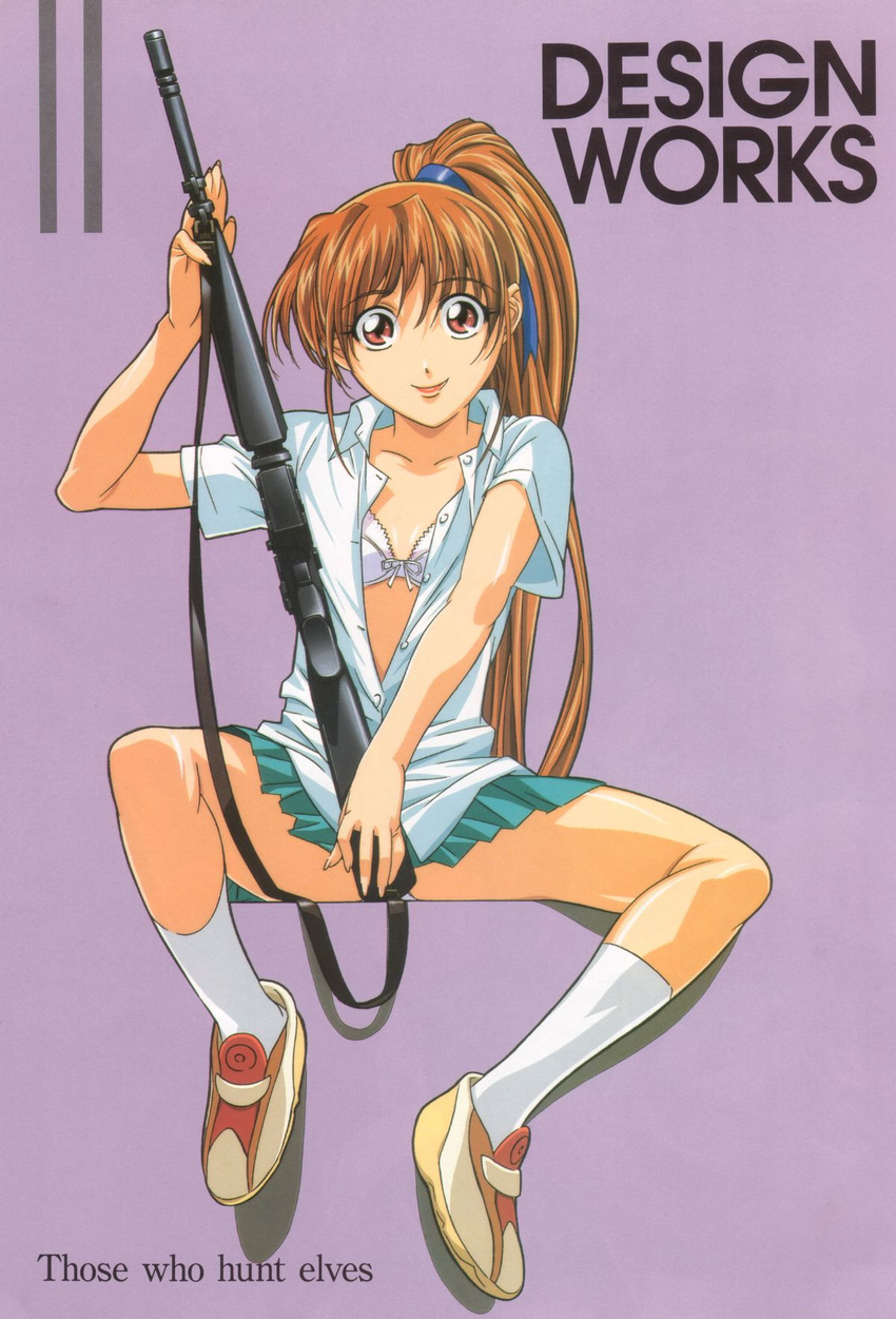 assault_rifle bow bow_bra bra copyright_name elf_wo_karu_mono-tachi full_body gotou_keiji gun high_ponytail highres holding holding_gun holding_weapon inoue_ritsuko long_hair looking_at_viewer m16a1 open_clothes open_shirt orange_hair panties panty_peek pantyshot pantyshot_(sitting) ponytail purple_background red_eyes rifle scan school_uniform shirt shoes simple_background sitting skirt smile sneakers solo spread_legs unbuttoned unbuttoned_shirt underwear weapon