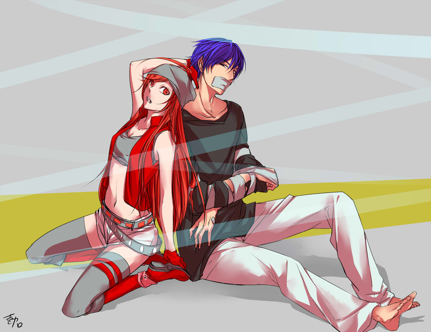 1boy ahoge bandana bare_hips bare_shoulders barefoot belt black_shirt blue_eyes blue_hair bondage bondage boots bound commentary_request crop_top female femdom gag gagged gloves ichi_ka improvised_gag insanity_(vocaloid) kaito_(vocaloid) knee_boots long_hair loose_belt midriff navel pants red_eyes red_footwear red_gloves red_hair sf-a2_miki shirt short_hair shorts simple_background sleeveless sleeveless_shirt straight tape tape_bondage tape_gag thighhighs vocaloid white_pants zettai_ryouiki