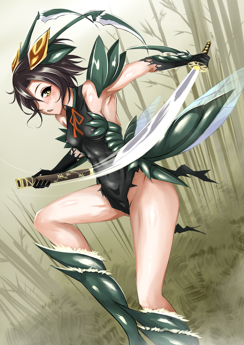 animal_hands arm_blade arthropod_girl black_hair boots breasts commentary covered_nipples english_commentary female hair_over_one_eye highres katana knee_boots mantis_(monster_girl_encyclopedia) mantis_girl monster_girl monster_girl_encyclopedia nonoririn parody sheath short_hair small_breasts solo sword sword_girls thighs weapon yellow_eyes