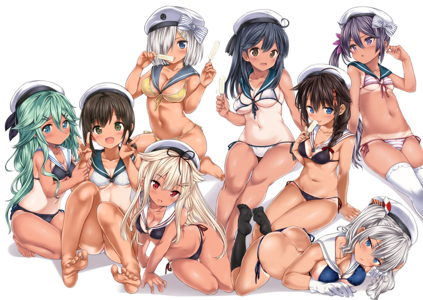 6+girls :d ahoge akebono_(kancolle) arm_support ass bad_id bad_twitter_id bare_legs barefoot bikini bikini_tan black_bikini black_hair blue_bikini blue_eyes braid breasts brown_eyes brown_hair double_v flower food front-tie_bikini_top front-tie_top fubuki_(kancolle) gloves green_hair grey_hair hair_between_eyes hair_flower hair_ornament hair_over_one_eye hair_over_shoulder hairclip hamakaze_(kancolle) hat kantai_collection kashima_(kancolle) kneeling large_breasts light_brown_hair long_hair looking_at_viewer looking_away lying medium_breasts micro_bikini multiple_girls navel nijimoto_hirok no_shoes on_stomach one-piece_tan open_mouth parted_lips popsicle purple_eyes purple_hair red_eyes remodel_(kantai_collection) sailor_bikini sailor_collar shigure_(kancolle) short_hair side-tie_bikini_bottom side_ponytail simple_background single_braid sitting skindentation small_breasts smile soles striped_bikini striped_clothes swimsuit tan tanlines thighhighs twintails ushio_(kancolle) v white_background white_bikini white_gloves white_hat white_legwear yamakaze_(kancolle) yokozuwari yuudachi_(kancolle)