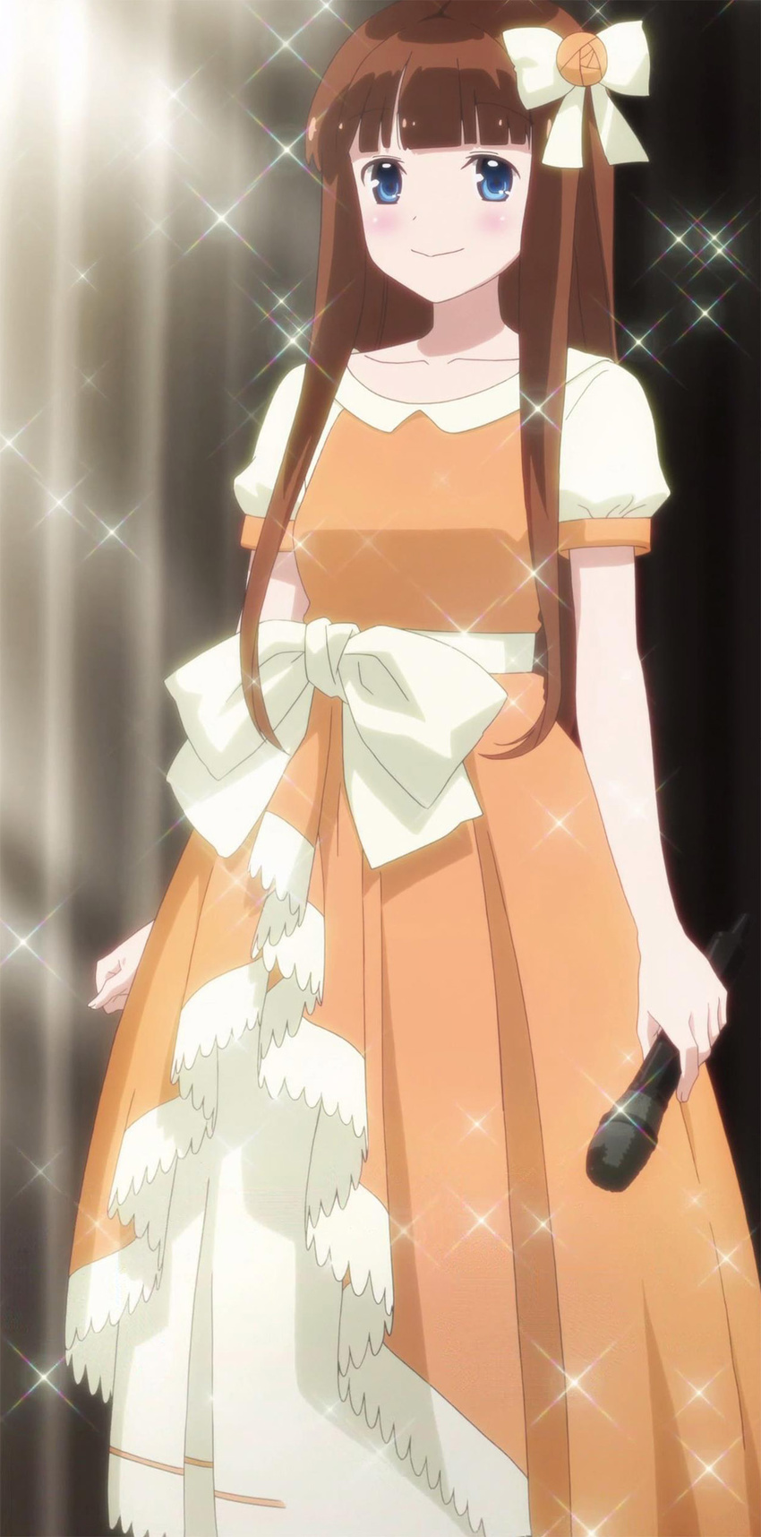 absurdres anime_screenshot blue_eyes brown_hair female highres horie_yui long_hair long_skirt microphone photoshop_(medium) skirt solo sore_ga_seiyuu! sparkle spotlight voice_actor voice_actor_connection