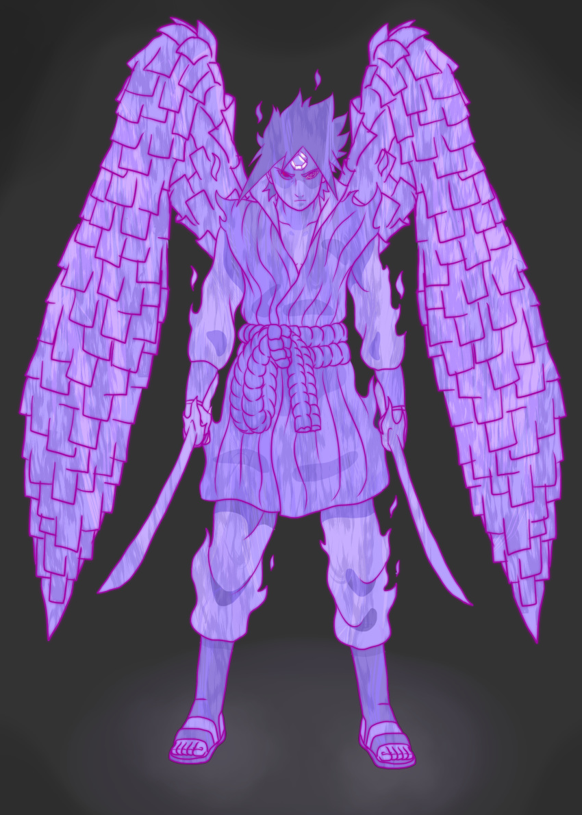 1boy alternate_form dual_wielding energy_sword energy_wings full_body glowing holding holding_sword holding_weapon jmbfanart large_wings naruto naruto_(series) naruto_shippuuden red_eyes rinnegan sharingan standing susanoo_(naruto) sword uchiha_sasuke weapon what_if wings