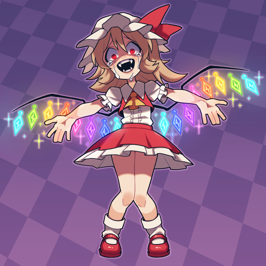 @_@ ascot blonde_hair bow checkered_background commentary_request constricted_pupils contrast fangs female flandre_scarlet full_body hat highres mary_janes miniskirt mob_cap nappooz open_mouth outline outstretched_arms purple_background red_eyes ribbon shaded_face shoes side_ponytail skirt solo sparkle spread_arms standing tears touhou wings